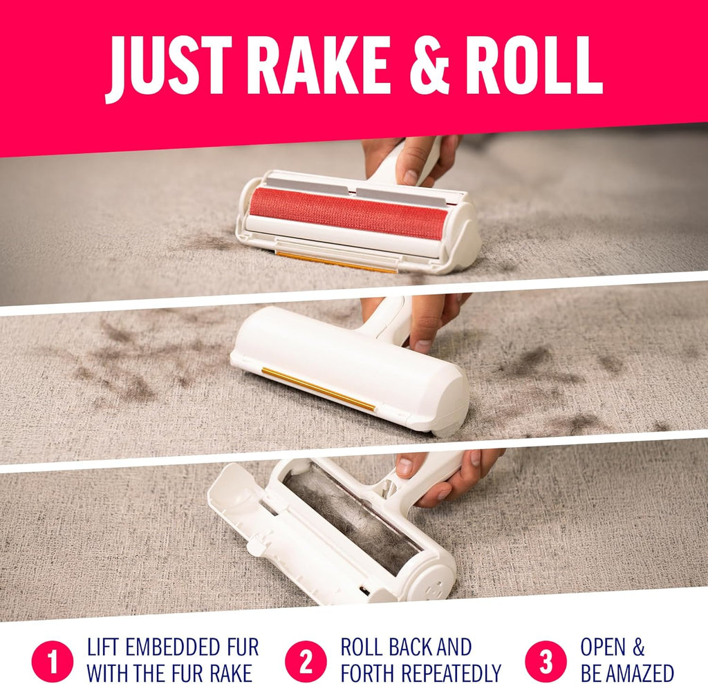 & Rake – Reusable Pet Hair Removal Roller with Rake Attachment for Cat & Dog Fur on Furniture, Couch, Carpet, Car, Rugs, Bedding & More– Portable, Eco-Friendly