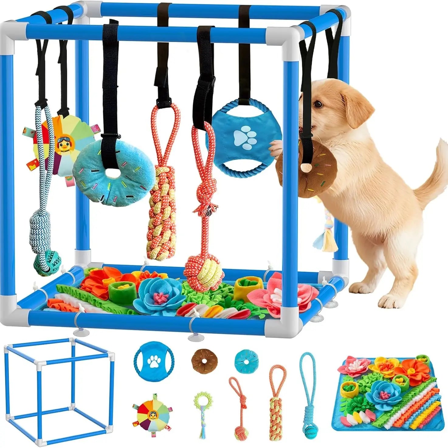 Indoor Puppy Play Gym - PVC Frame with Velcro Rope, Snuffle Mat, and 8 Hanging Toys for Interactive Training and Enrichment for Small Dogs