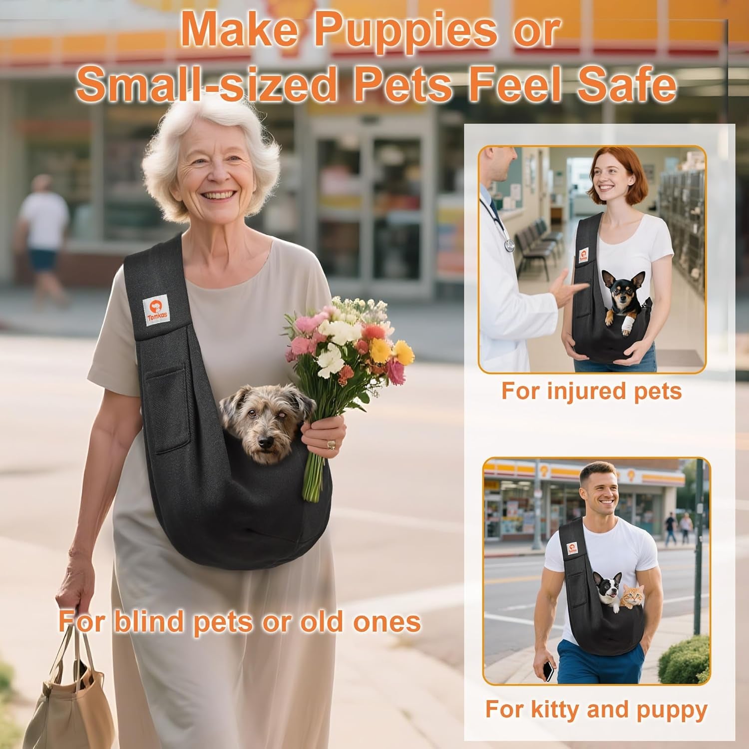 Small Dog Sling Carrier - Classic Pocket and Strap Design for Pets Weighing 3-10 lbs (Black)