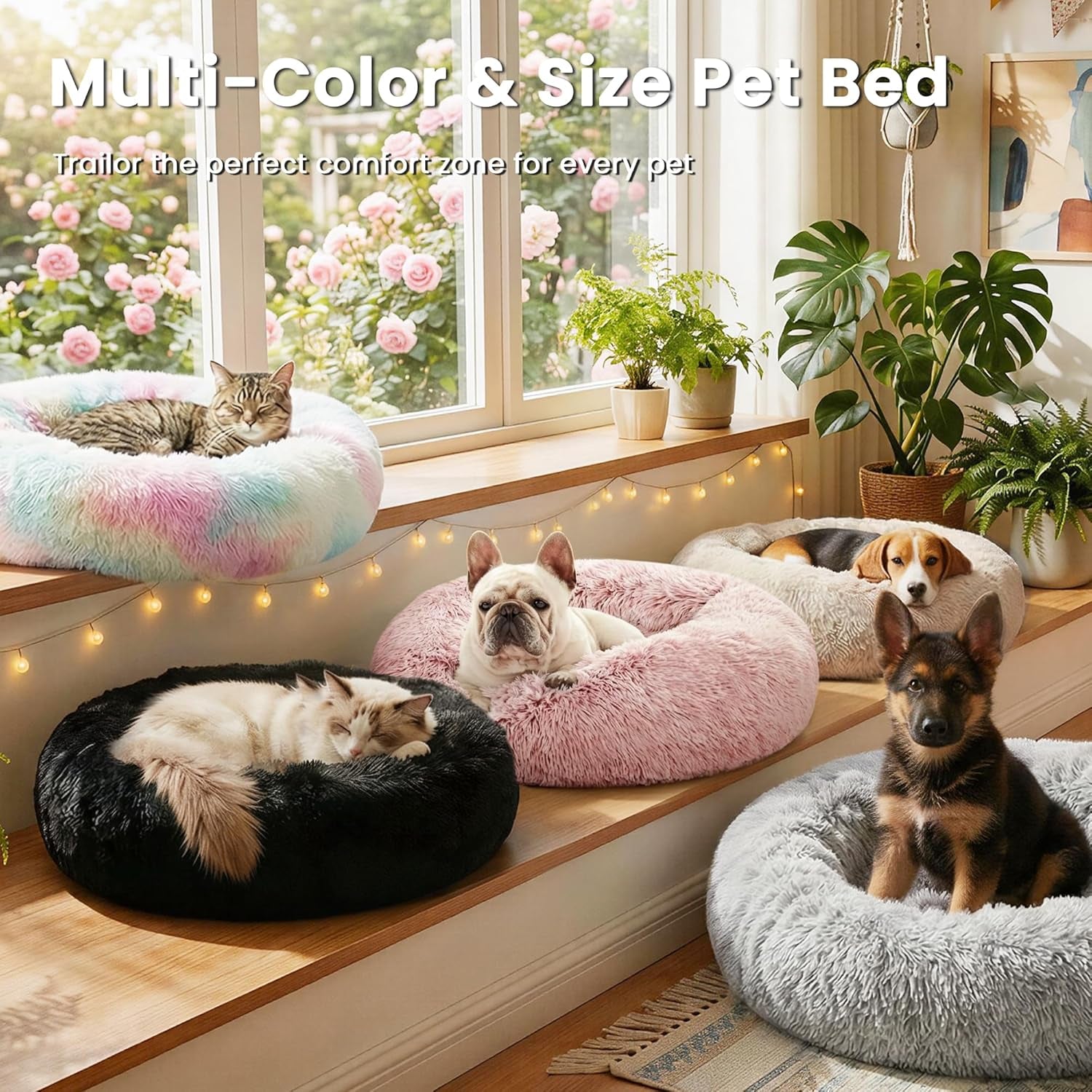 Calming Donut Pet Bed for Cats and Small to Medium Dogs, Anti-Anxiety Fluffy Warming Bed in Beige Taupe - Available in 20" and 24" Sizes