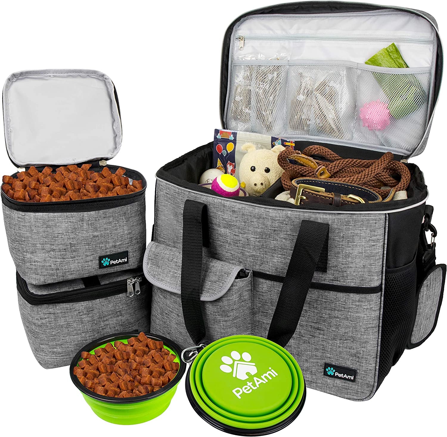 Dog Travel Bag Organizer - Comprehensive Pet Travel Kit with Dual Food Containers and Collapsible Dog Bowls, Versatile Supplies Tote with Luggage Sleeve, Ideal for Weekend Road Trips and Camping, Gray, Large