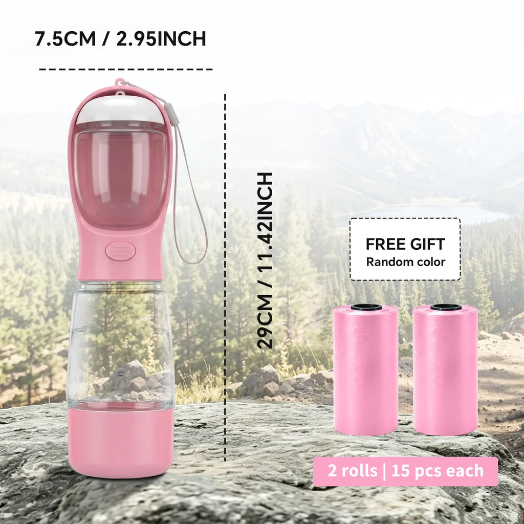 Portable 3-in-1 Dog Water Bottle with Food Container and Built-In Poop Bag Dispenser, Includes 30 Waste Bags - Leak-Proof Travel Cup for Walking and Hiking (29cm x 7.5cm)