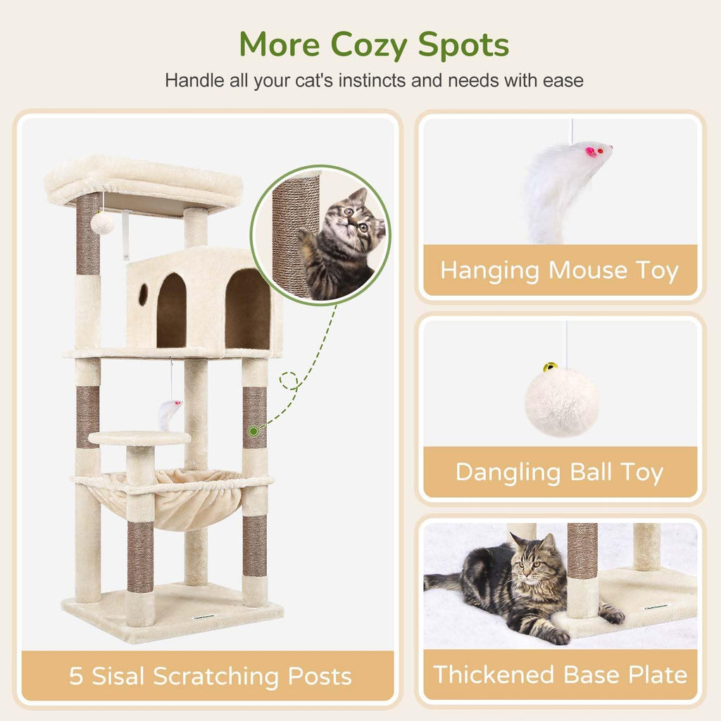 Cat Tree Tower with Scratching Post for Indoor Cats, 53Inch Tall Plush Multi-Level Cat Climbing Tower Condo House with Large Hammock, Spacious Cat Cave, Big Padded Top Perch Bed, F53, Beige