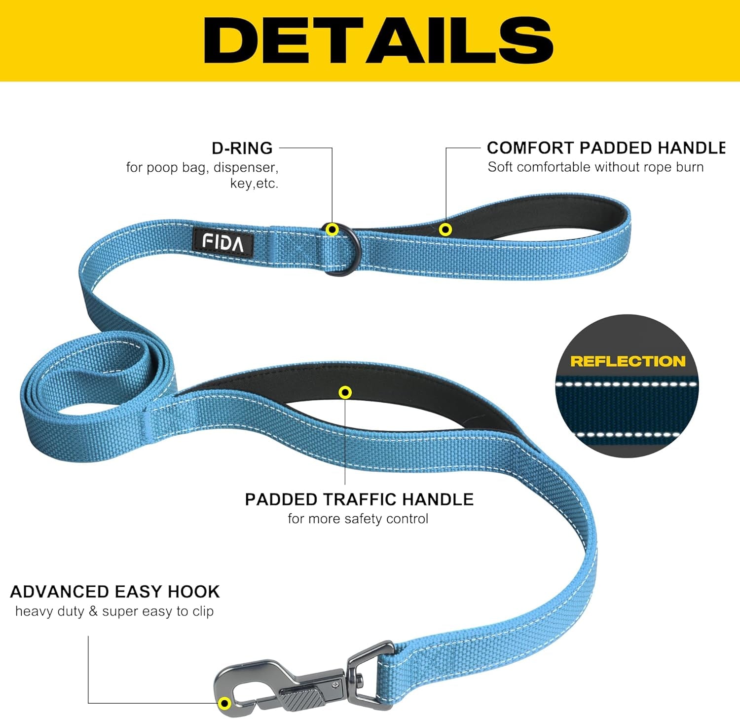 Heavy-Duty 5-Foot Dog Leash with Dual Padded Handles, Traffic Handle, Advanced Snap Hook, and Reflective Design for All Breeds - Blue