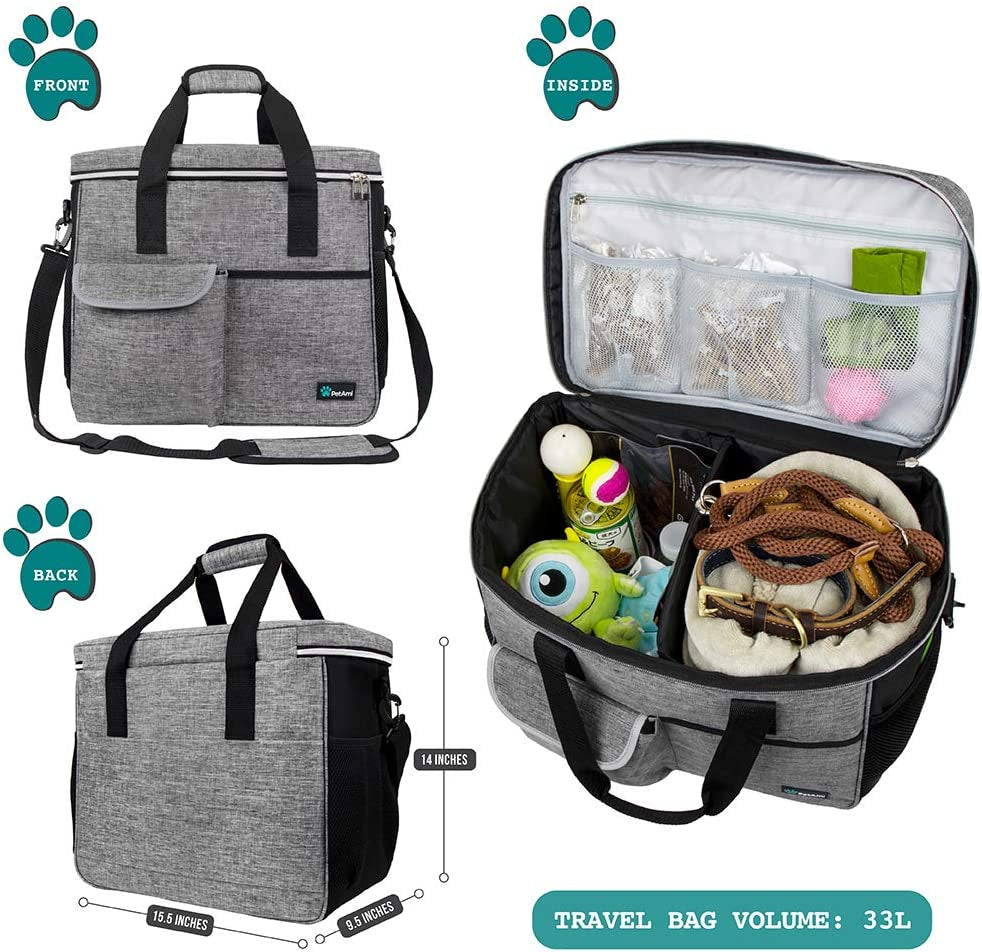 Dog Travel Bag Organizer - Comprehensive Pet Travel Kit with Dual Food Containers and Collapsible Dog Bowls, Versatile Supplies Tote with Luggage Sleeve, Ideal for Weekend Road Trips and Camping, Gray, Large
