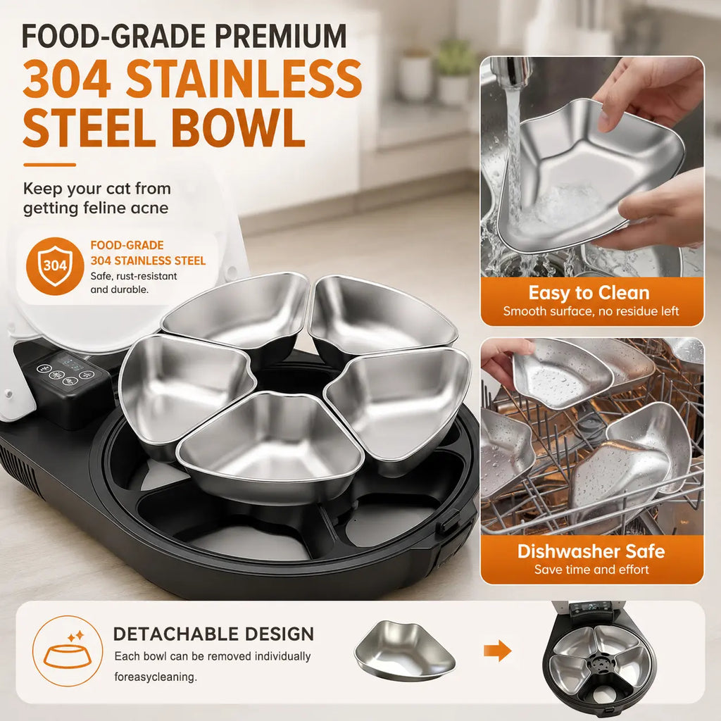 72-Hour Fresh Automatic Cat Feeder for Wet Food - 3-Day Refrigerated Meal Dispenser with Semiconductor Cooling & Heating, 304 Stainless Steel Bowl, Programmable Timer, Wired Design, No Batteries Required - Cattray
