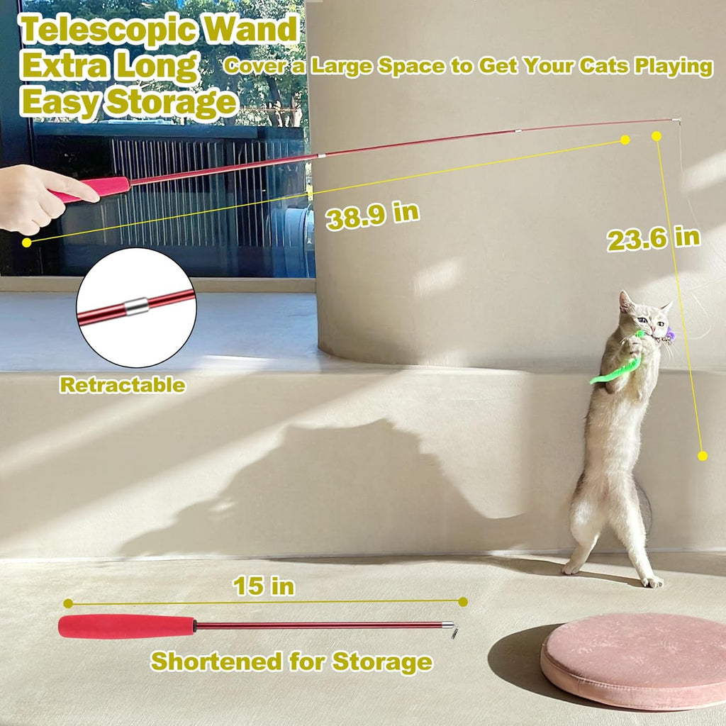 Interactive Cat Toy Set: 2 Retractable Wands and 9 Feather Refills for Indoor Cats - Engaging Play and Exercise Solutions