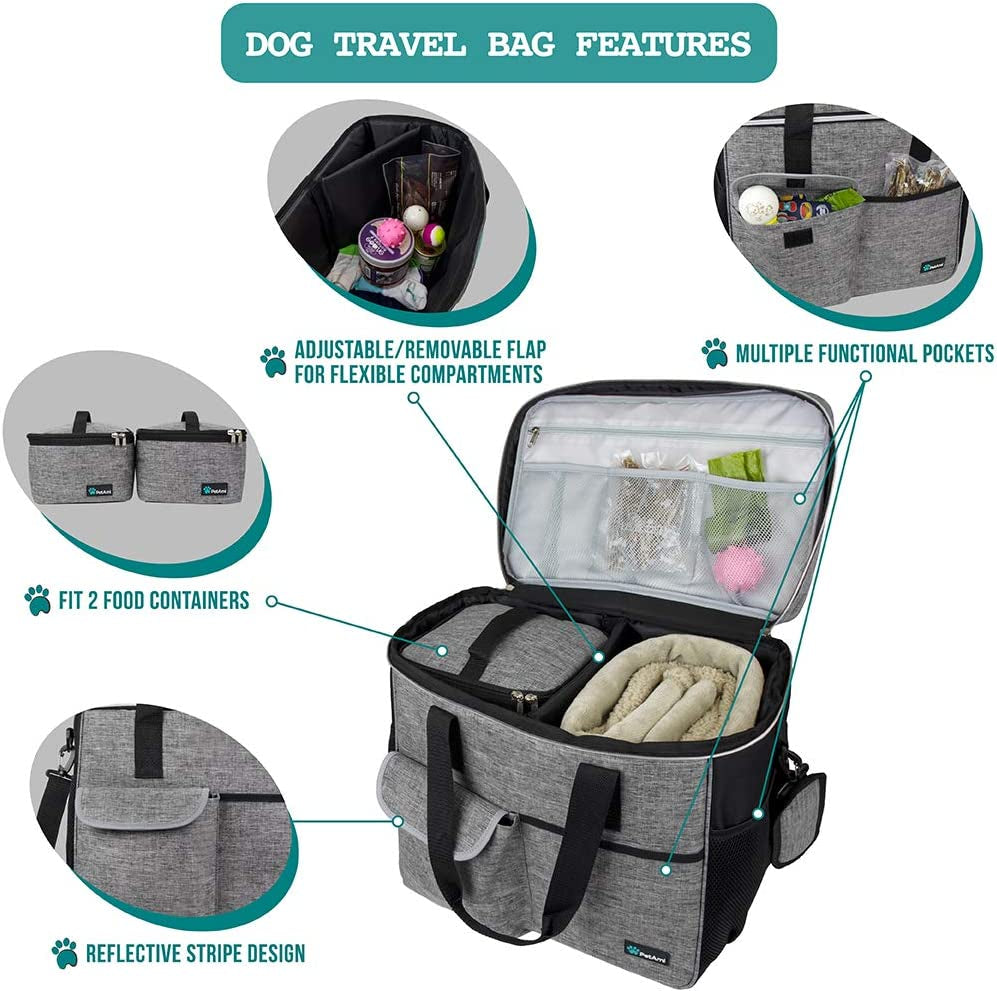 Dog Travel Bag Organizer - Comprehensive Pet Travel Kit with Dual Food Containers and Collapsible Dog Bowls, Versatile Supplies Tote with Luggage Sleeve, Ideal for Weekend Road Trips and Camping, Gray, Large