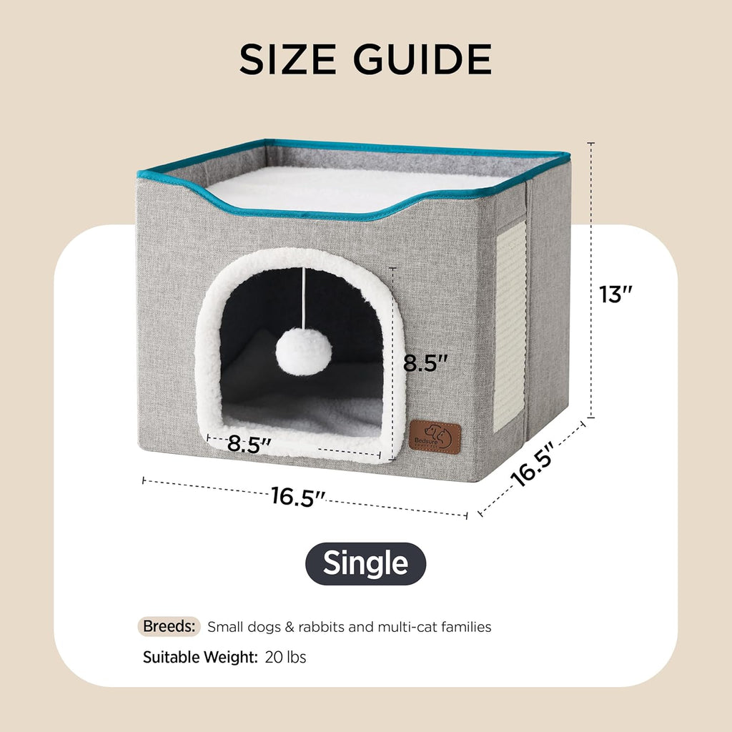 Bedsure Cat House Bed for Indoor Cats with Fluffy Ball and Scratch Pad,Grey | 16.5X16.5X13 In,Large Cat Cave for Multiple Pets,Foldable Cat Hideway Cube for Sleeping Kitten
