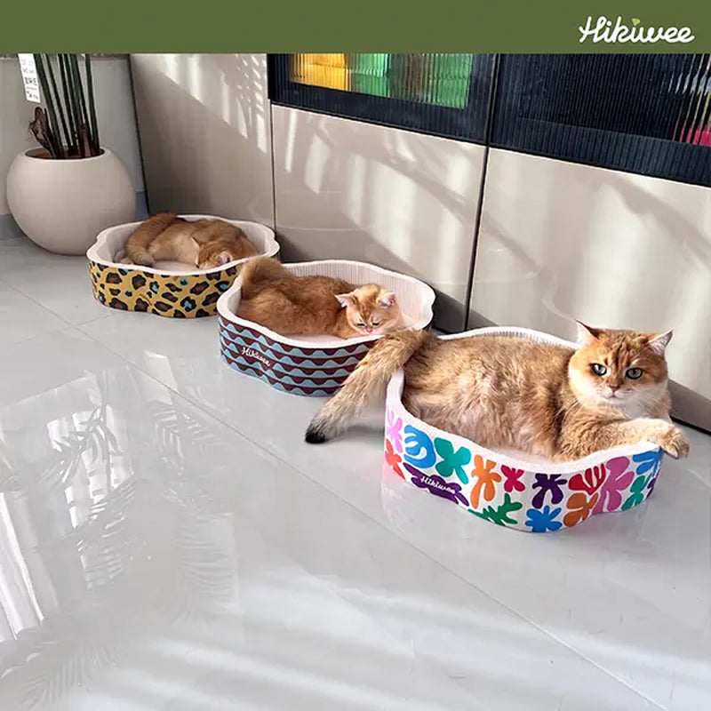Hikiwee Premium Chew-Resistant Cat Bed - Leopard Print, Art Deco, Mint Chocolate, Floral Designs - High-Density Corrugated Cardboard, Non-Toxic and Odor-Free, Individually Sealed for Safe Cat Naps