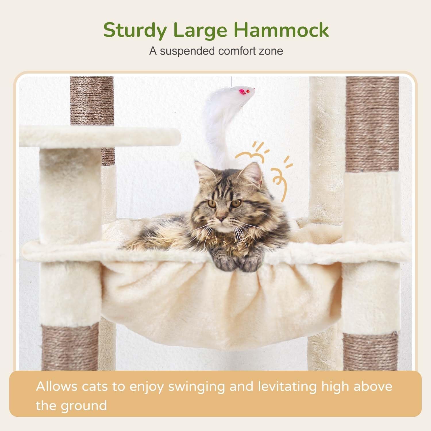 Cat Tree Tower with Scratching Post for Indoor Cats, 53Inch Tall Plush Multi-Level Cat Climbing Tower Condo House with Large Hammock, Spacious Cat Cave, Big Padded Top Perch Bed, F53, Beige