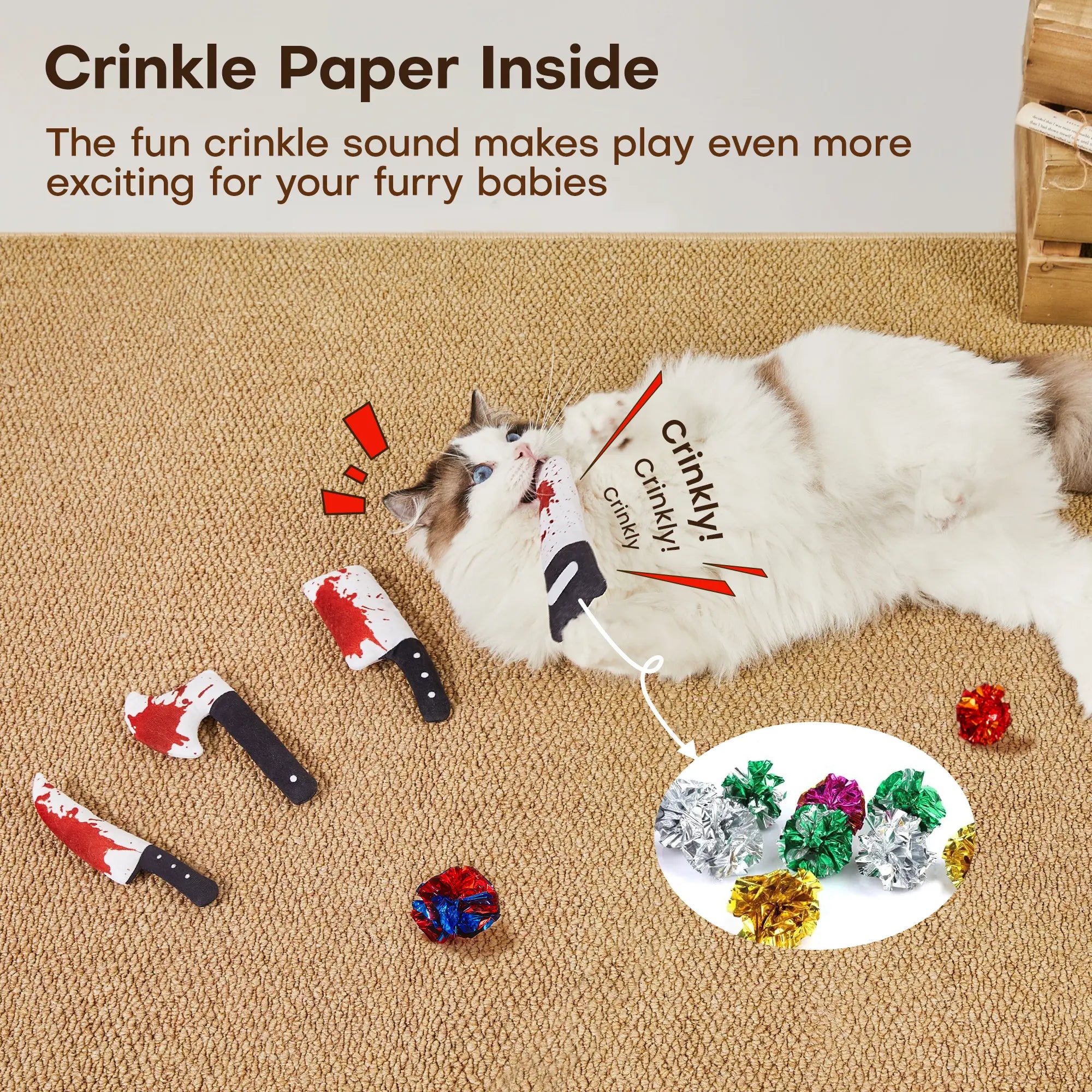 Potaroma 4-Piece Halloween-Themed Cat Toy Set, Knife-Shaped Crinkly Toys for Interactive Indoor Play, 6.5 Inch Soft Sound Toys for All Cat Breeds