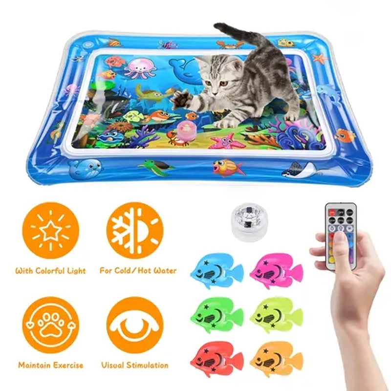 Interactive Sensory Water Mat for Kittens - 3D Floating Fish Toy with LED Light and Chirping Flapping Bird Wand, Durable PVC, Rechargeable USB-C, Stress Relief and Indoor Enrichment Gift