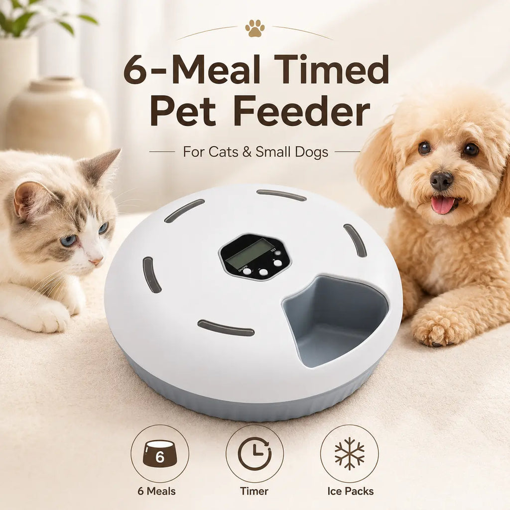 Timed Automatic Cat Feeder with 6 Meals - Detachable Indoor Rotating Dispenser for Wet & Dry Food, Includes Ice Packs, Battery Operated for Kittens and Small Dogs, White