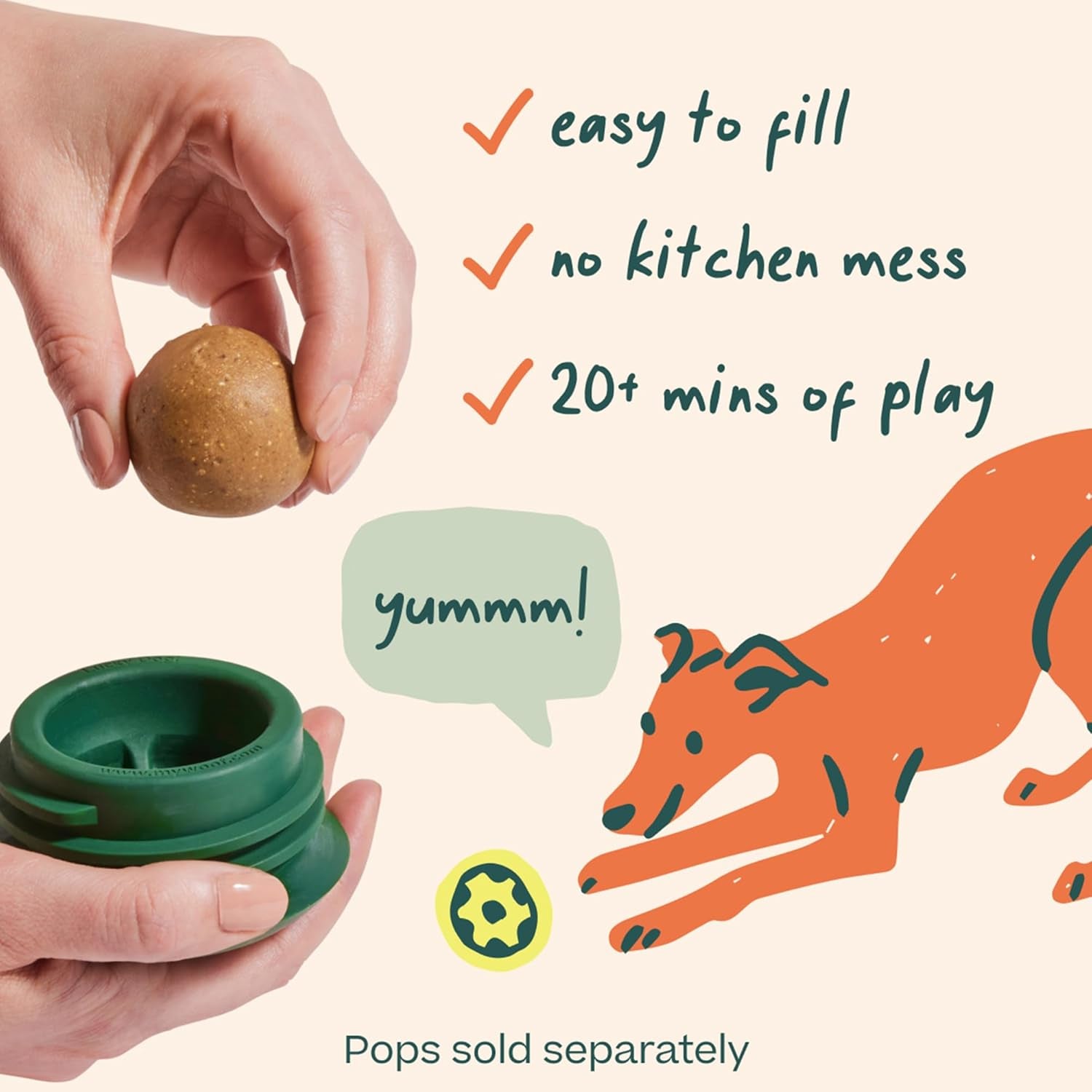 Pupsicle Interactive Dog Ball Toy for Dogs 25-75 Lbs - Green | Long-Lasting Enrichment Toy for Medium/Large Dogs, Easy-Fill Design, Low-Mess Play, Made of Natural Rubber, Easy to Clean
