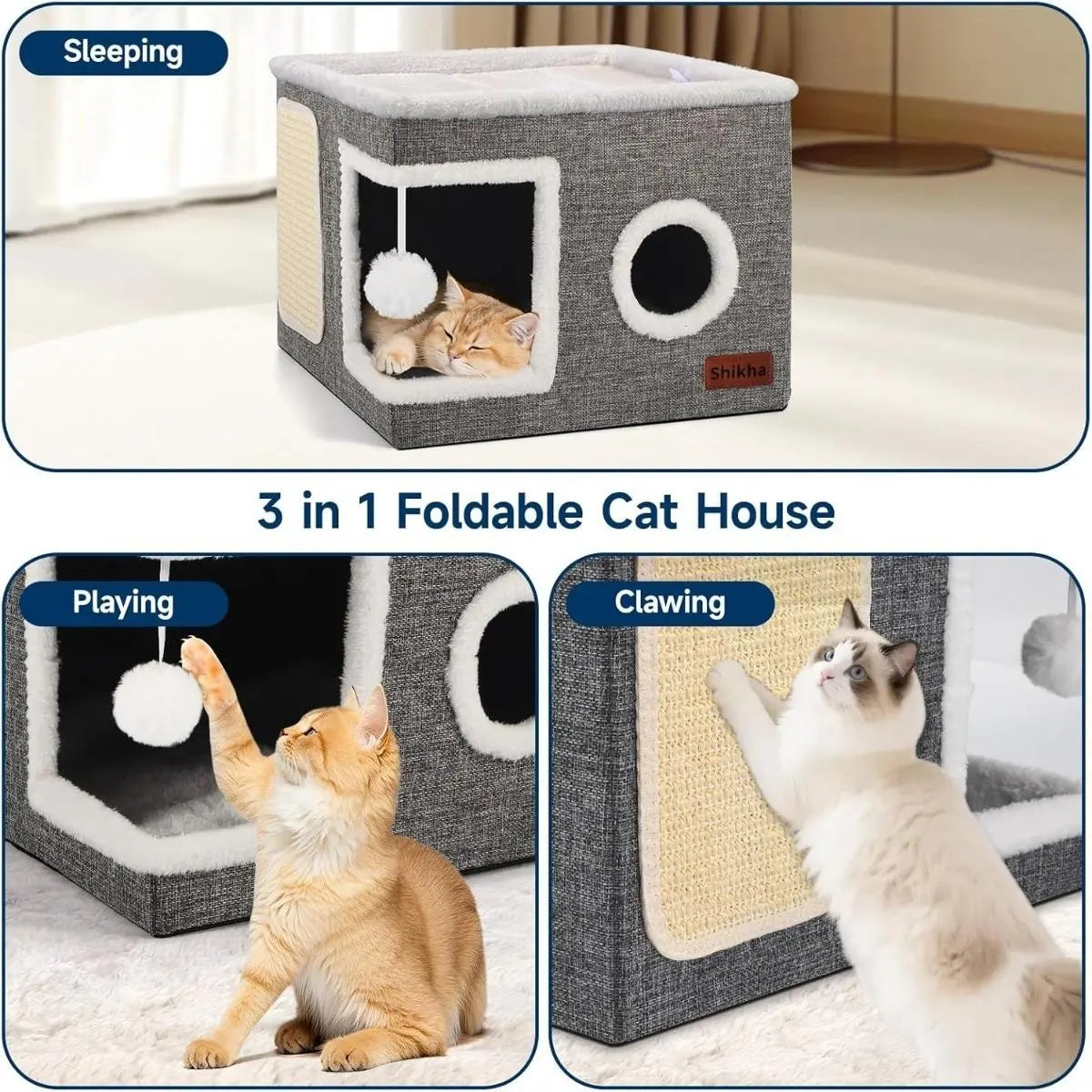 Large Plush Cat Cave Bed - Foldable Indoor Hideaway with Scratch Pad, Ball Toys, and Washable Design