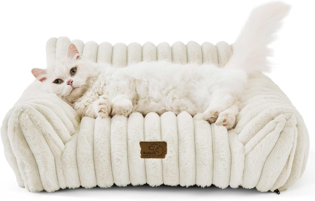 Bedsure Comfyfleece™ Shown on TV Fluffy Cute Cat Couch for Pets,24In Cream | Cat Beds for Indoor Cats,Supportive Pet Sofa,Dog Couch Bed Seen on Good Day New York,Removable Washable Cover,Up to 10 Lbs