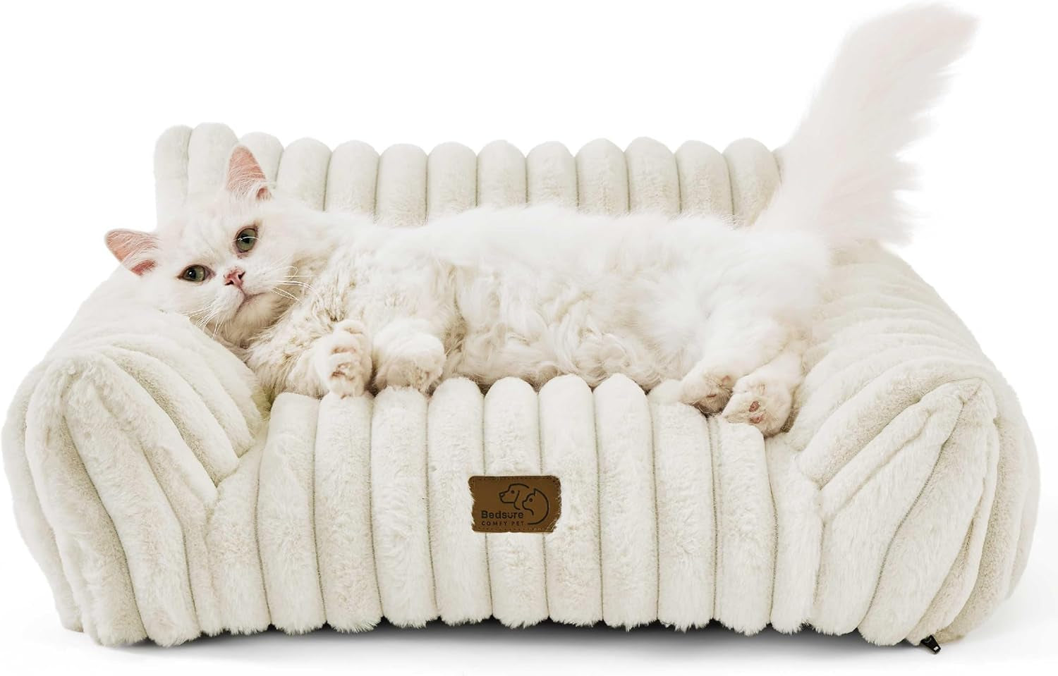 Bedsure Comfyfleece™ Shown on TV Fluffy Cute Cat Couch for Pets,24In Cream | Cat Beds for Indoor Cats,Supportive Pet Sofa,Dog Couch Bed Seen on Good Day New York,Removable Washable Cover,Up to 10 Lbs