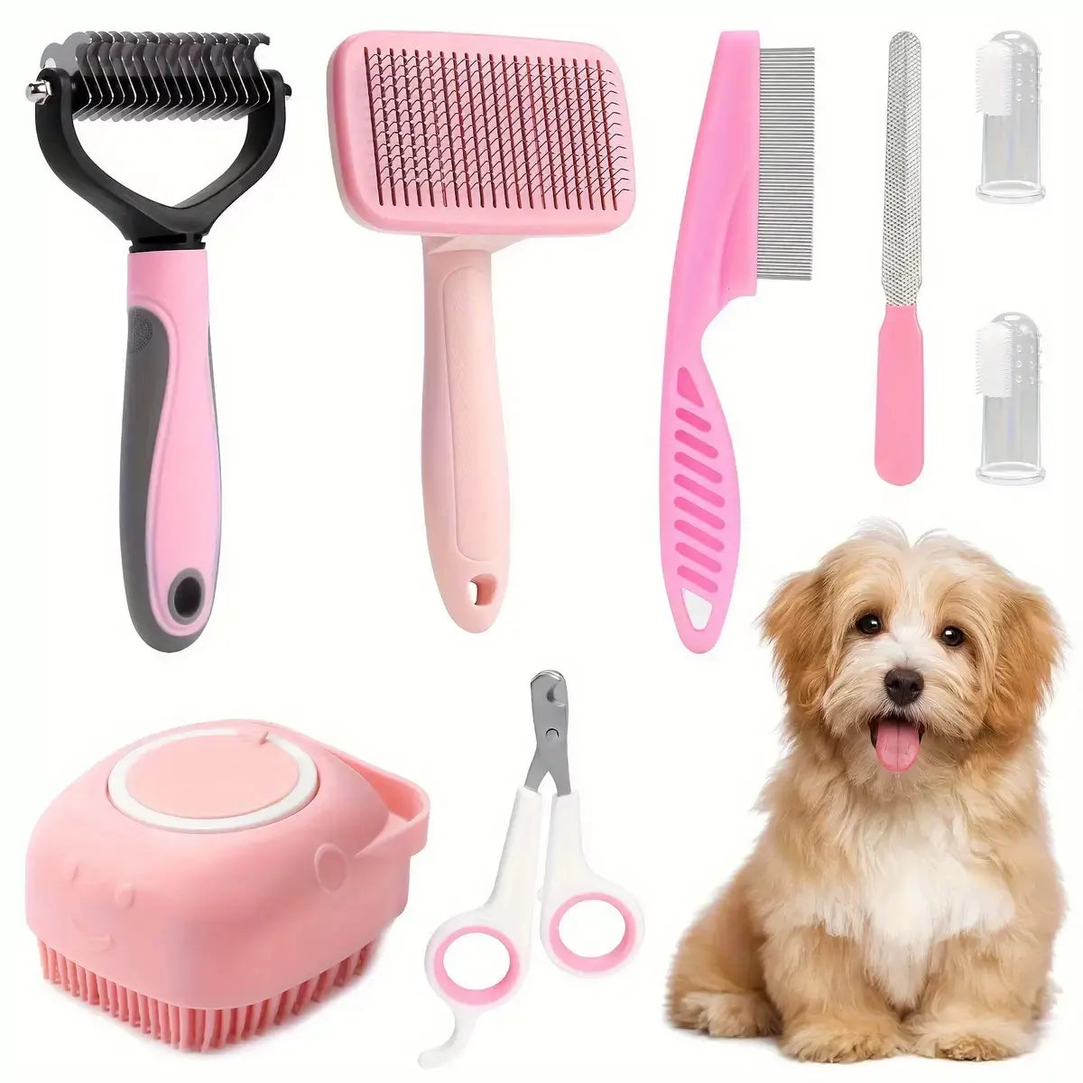 Summer Pet Grooming Tool Set (8 Pieces) - Comprehensive Shedding and Grooming Kit for Dogs and Cats, Includes Hair and Oral Hygiene Tools, Ideal for Indoor and Outdoor Use, Perfect Valentine’s Day Gift
