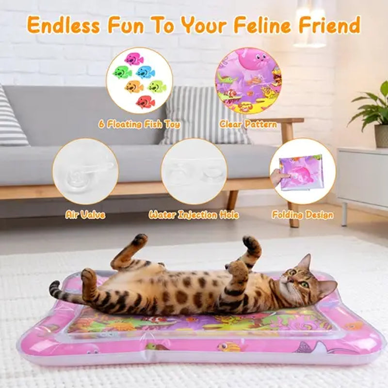 Interactive Sensory Water Mat for Kittens - 3D Floating Fish Toy with LED Light and Chirping Flapping Bird Wand, Durable PVC, Rechargeable USB-C, Stress Relief and Indoor Enrichment Gift