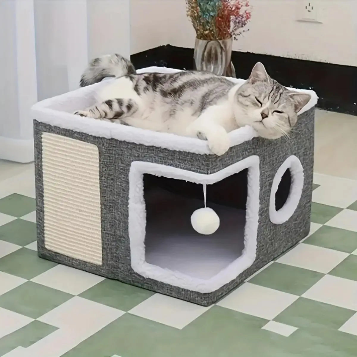 Large Plush Cat Cave Bed - Foldable Indoor Hideaway with Scratch Pad, Ball Toys, and Washable Design