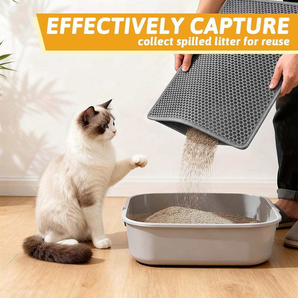 Cat Litter Mat Double Layer Waterproof Urine Proof Trapping Mat 1 Pack (Gray, 24X15 Inch (Pack of 1)) | Honeycomb Design Catches Scattered Particles to Stop Tracking, Urineproof Base Protects Floors, Easy to Clean