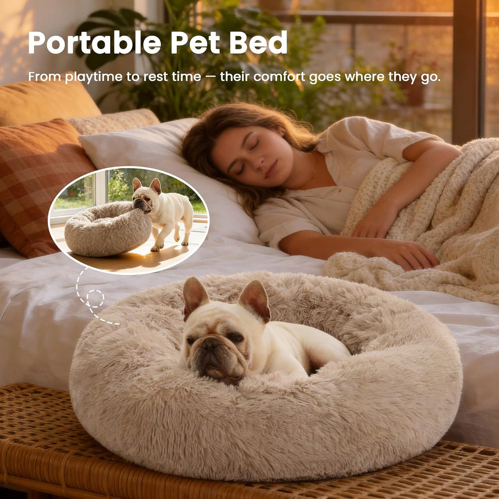 Calming Donut Pet Bed for Cats and Small to Medium Dogs, Anti-Anxiety Fluffy Warming Bed in Beige Taupe - Available in 20" and 24" Sizes