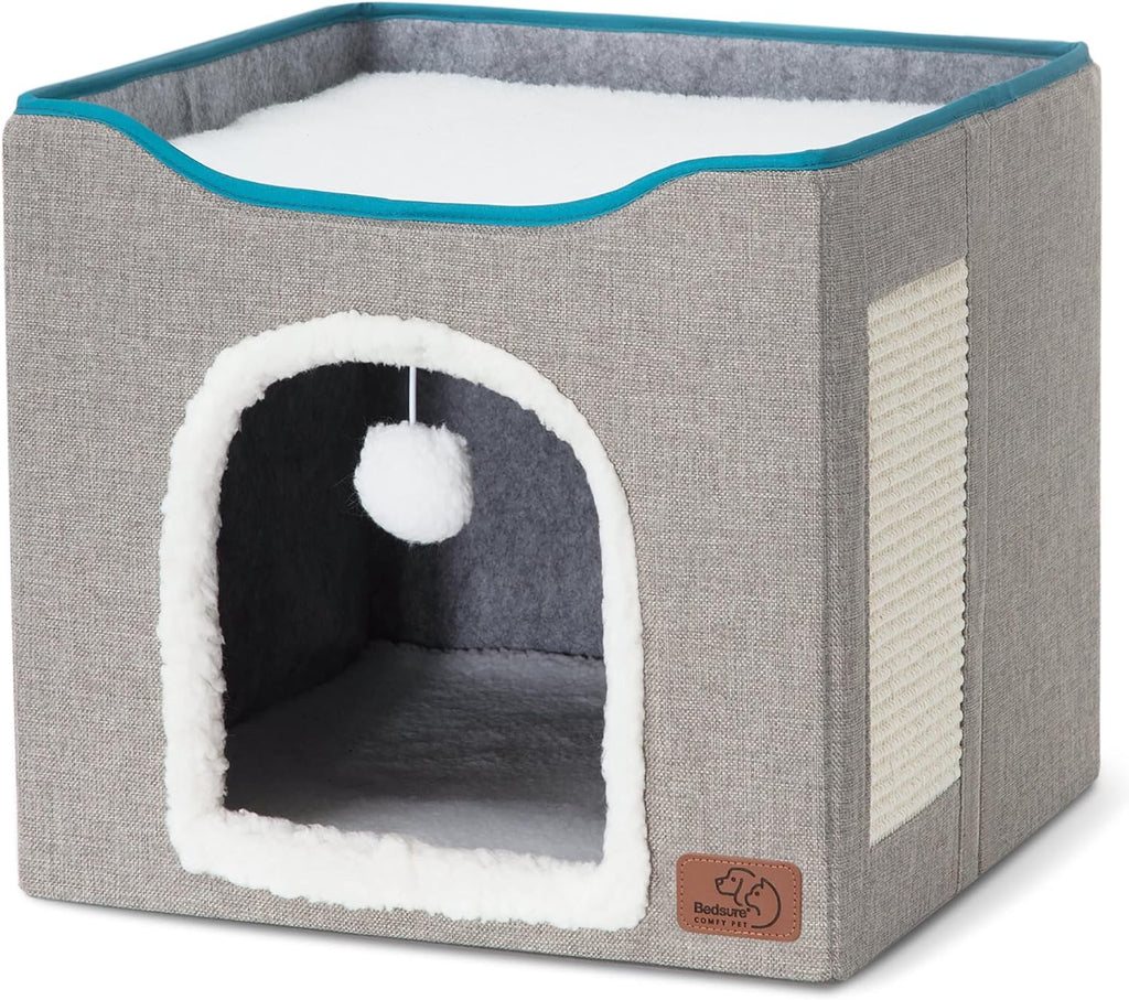 Bedsure Cat House Bed for Indoor Cats with Fluffy Ball and Scratch Pad,Grey | 16.5X16.5X13 In,Large Cat Cave for Multiple Pets,Foldable Cat Hideway Cube for Sleeping Kitten