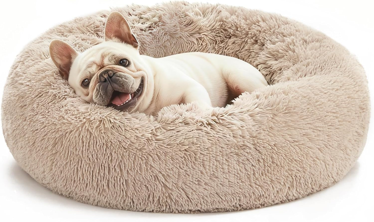 Calming Donut Pet Bed for Cats and Small to Medium Dogs, Anti-Anxiety Fluffy Warming Bed in Beige Taupe - Available in 20" and 24" Sizes