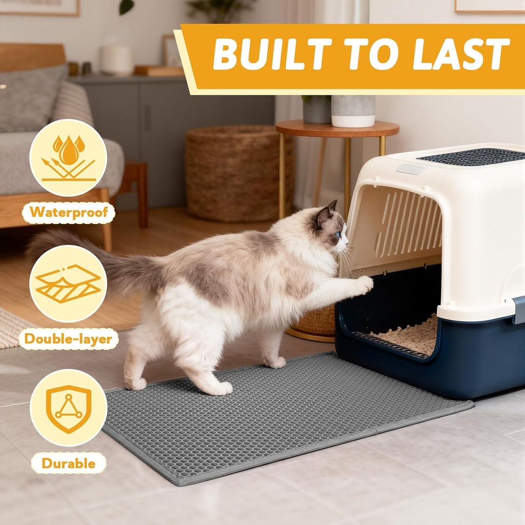 Cat Litter Mat Double Layer Waterproof Urine Proof Trapping Mat 1 Pack (Gray, 24X15 Inch (Pack of 1)) | Honeycomb Design Catches Scattered Particles to Stop Tracking, Urineproof Base Protects Floors, Easy to Clean
