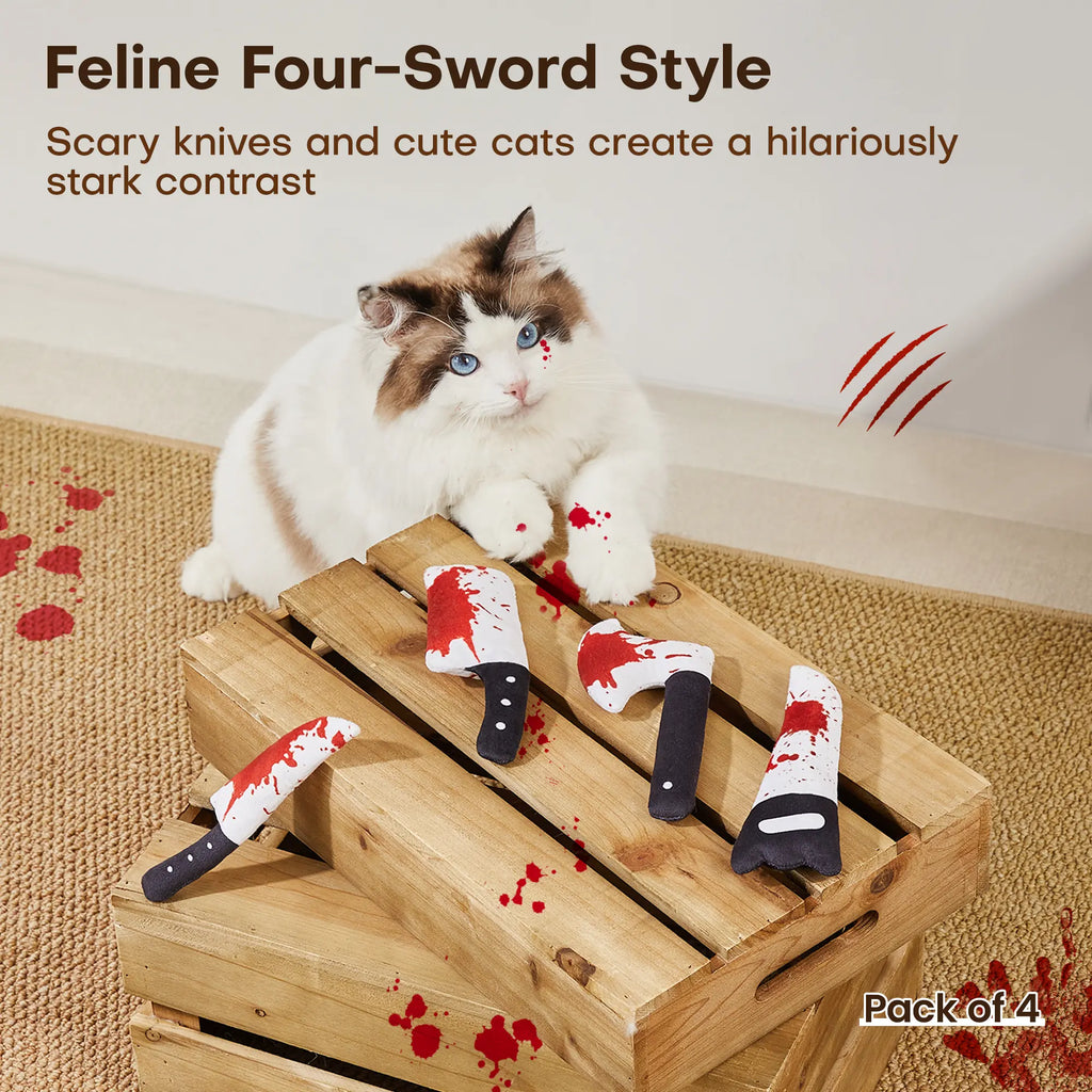 Potaroma 4-Piece Halloween-Themed Cat Toy Set, Knife-Shaped Crinkly Toys for Interactive Indoor Play, 6.5 Inch Soft Sound Toys for All Cat Breeds