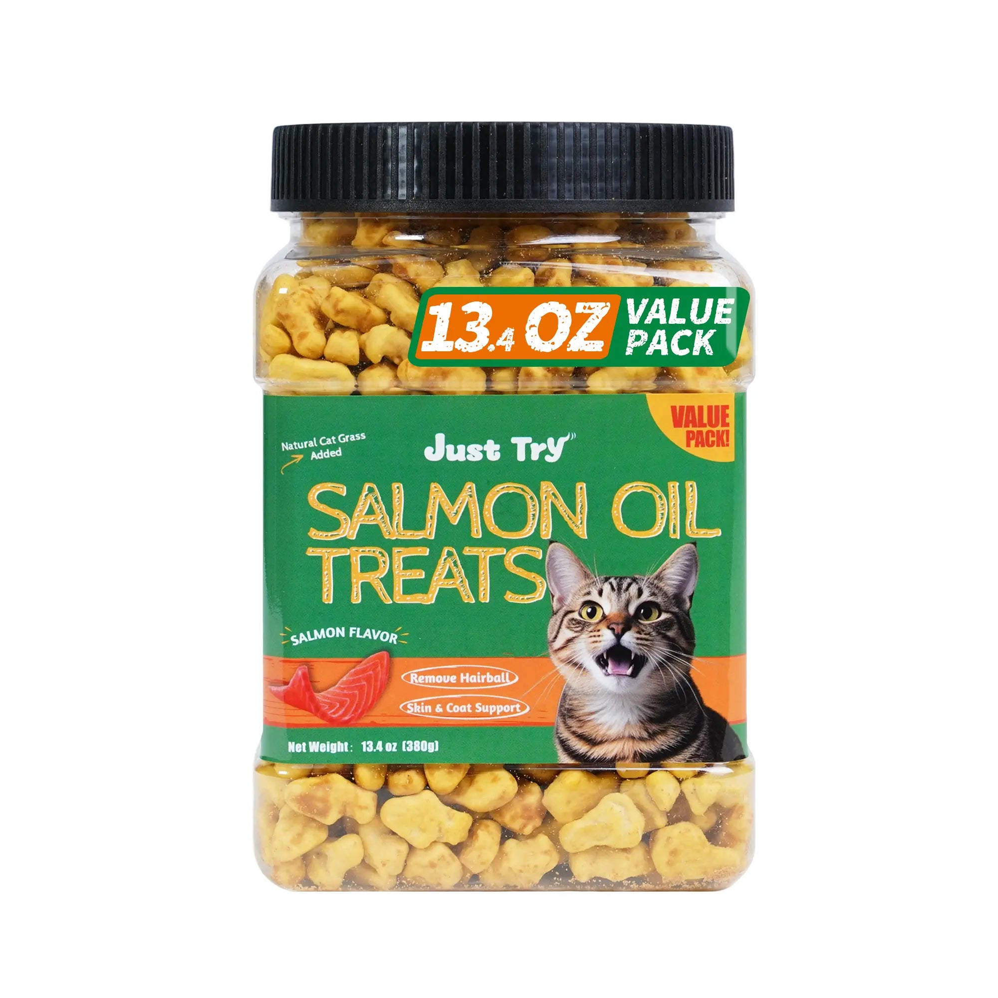 Cat Treats for Indoor Cats - Natural Salmon Hairball Control Biscuits with Cat Grass and Catnip for Dental Care - 14.1 OZ