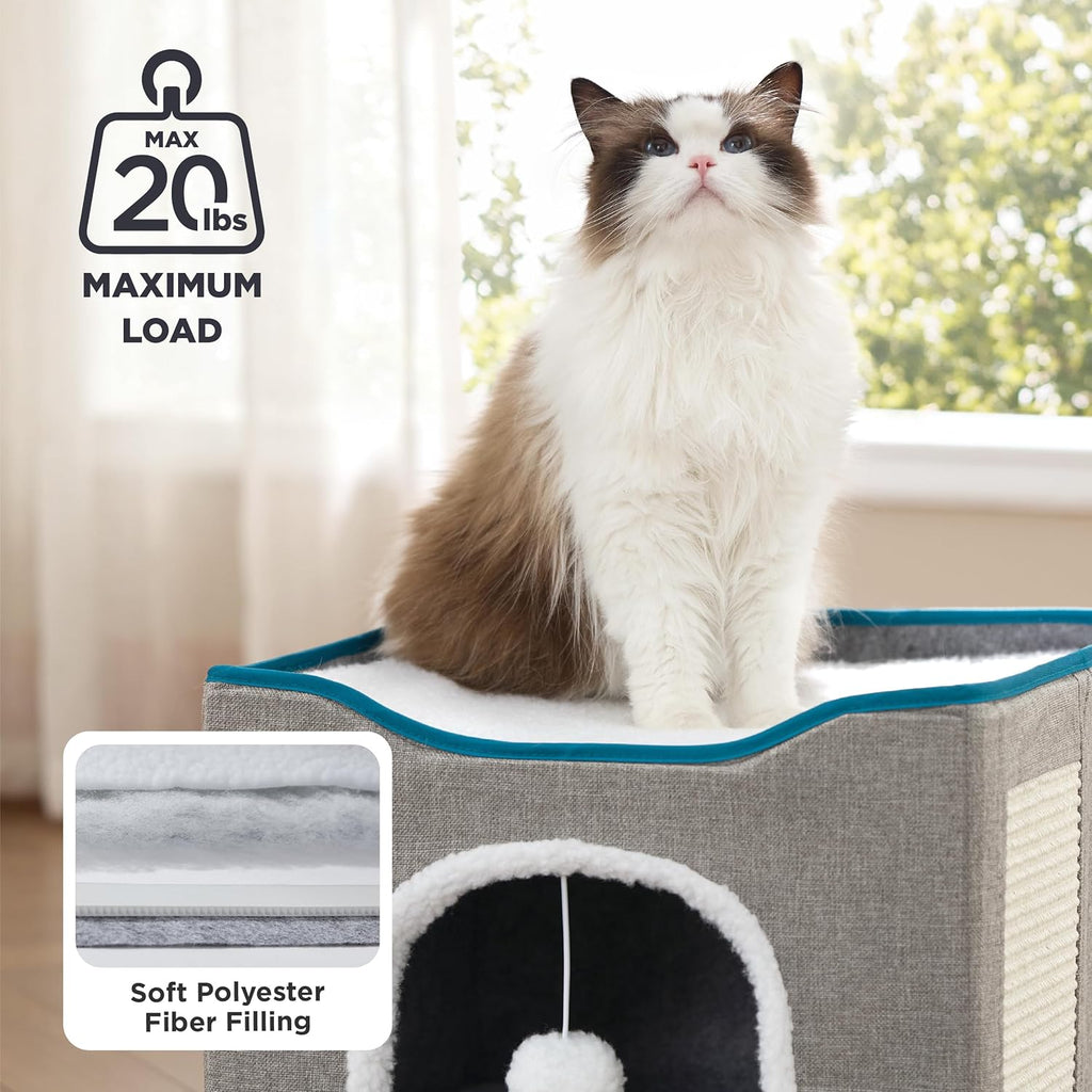 Bedsure Cat House Bed for Indoor Cats with Fluffy Ball and Scratch Pad,Grey | 16.5X16.5X13 In,Large Cat Cave for Multiple Pets,Foldable Cat Hideway Cube for Sleeping Kitten