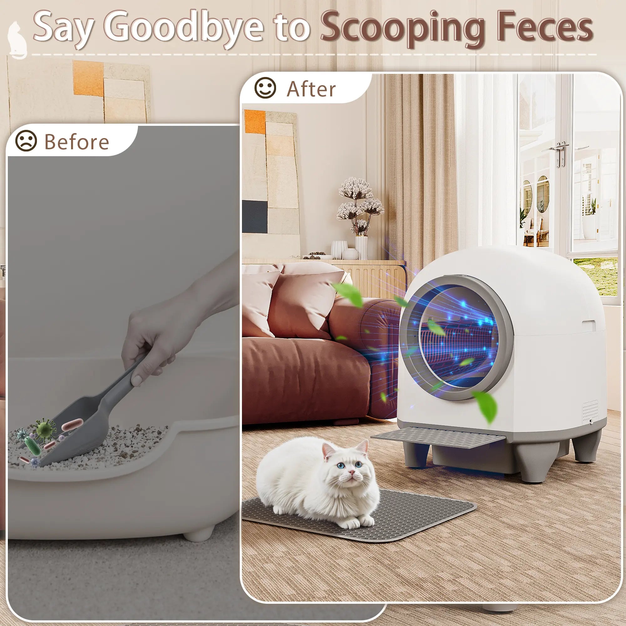 Warcat Smart Low-Noise Self-Cleaning Cat Litter Box with 90L Capacity, App-Controlled via 2.4G Wi-Fi, Featuring Smart Sensors and Safety Protection for Easy Maintenance and Setup