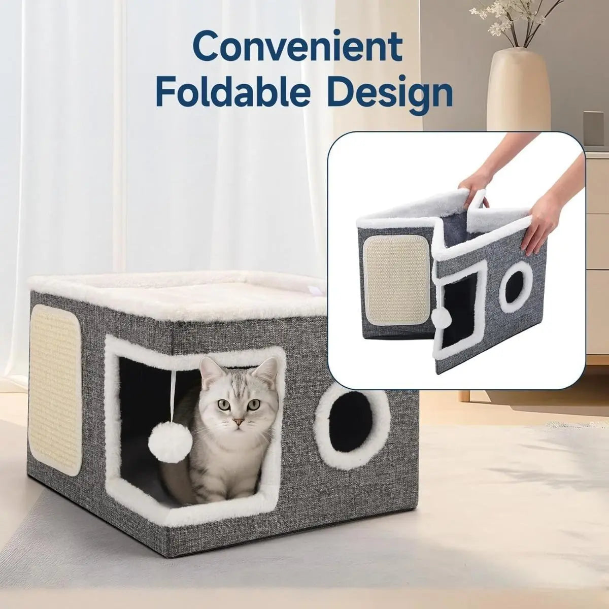 Large Plush Cat Cave Bed - Foldable Indoor Hideaway with Scratch Pad, Ball Toys, and Washable Design