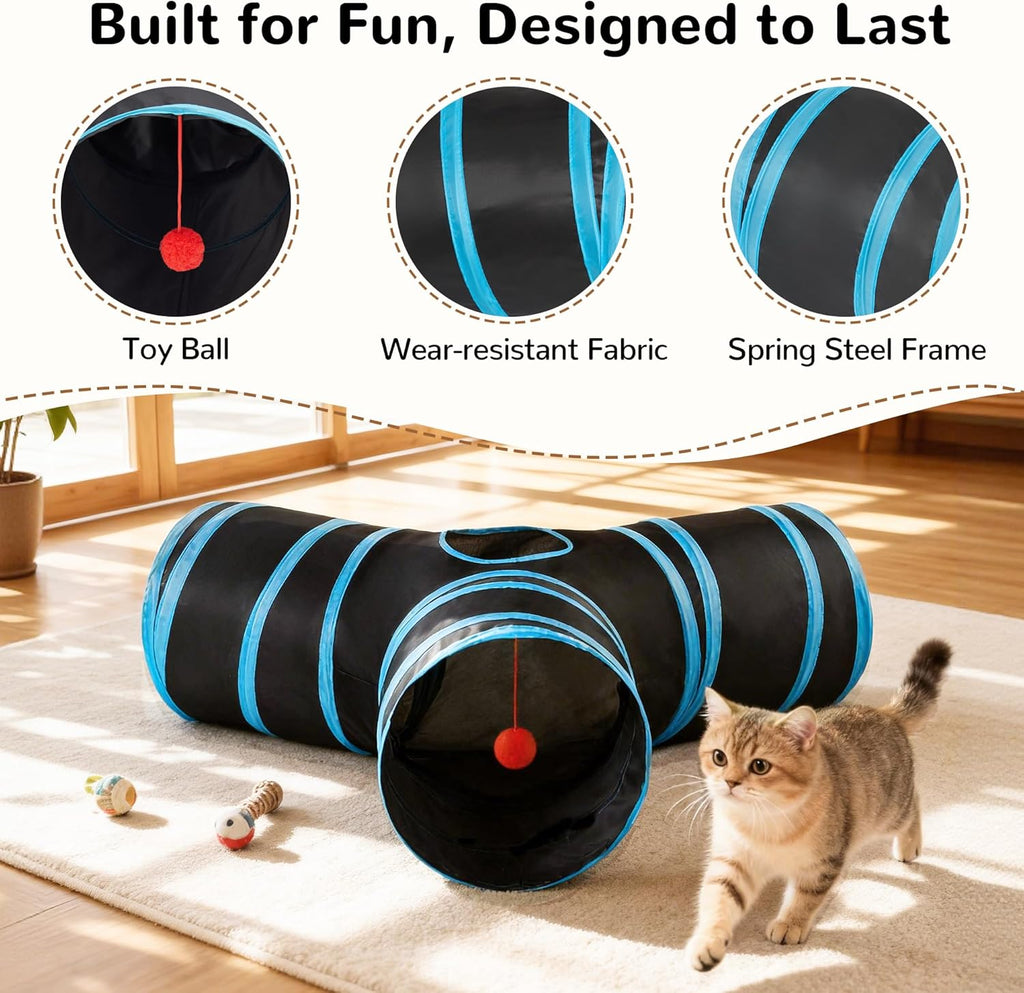 Collapsible 3-Way Cat Tunnel Toy with Interactive Features, Peek Holes, Teaser Wand, and Hanging Ball in Black and Blue