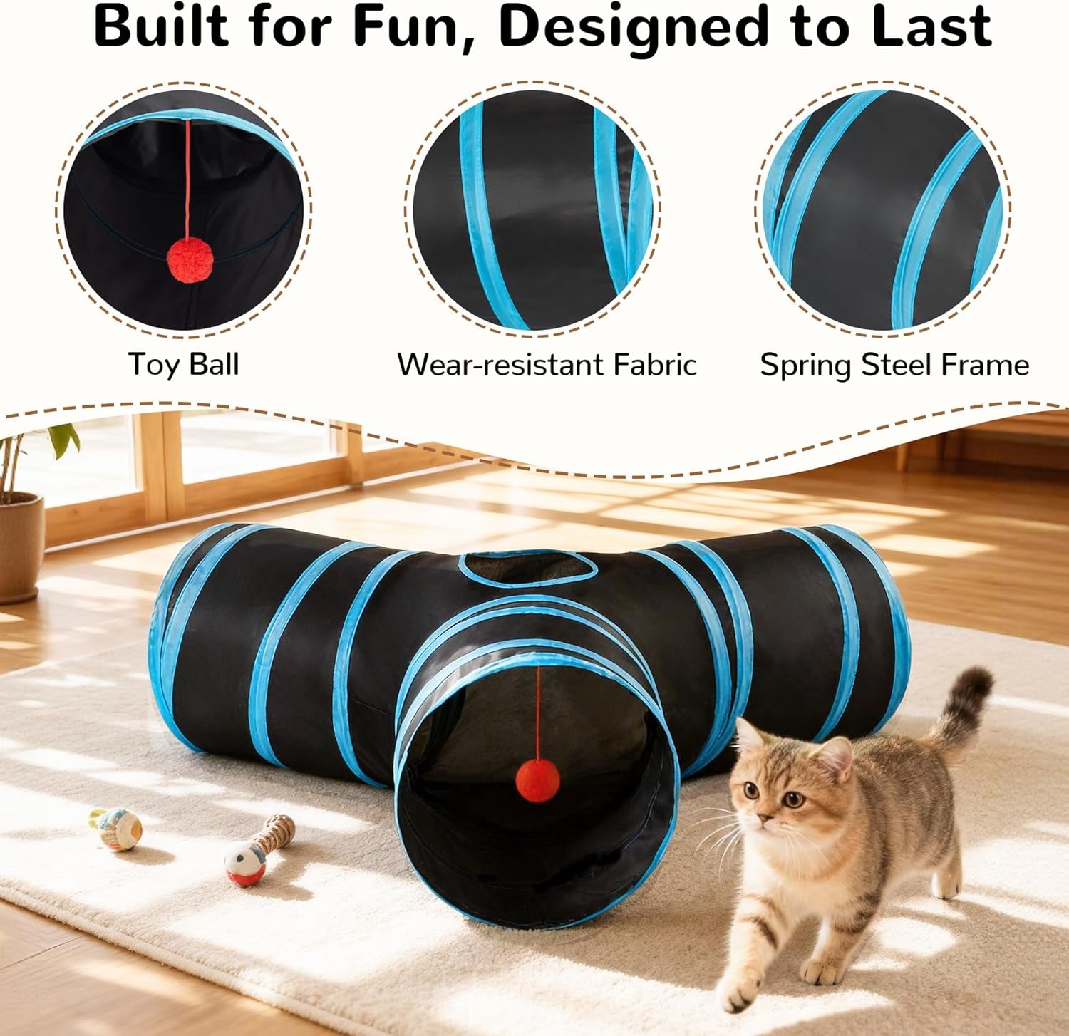 Collapsible 3-Way Cat Tunnel Toy with Interactive Features, Peek Holes, Teaser Wand, and Hanging Ball in Black and Blue