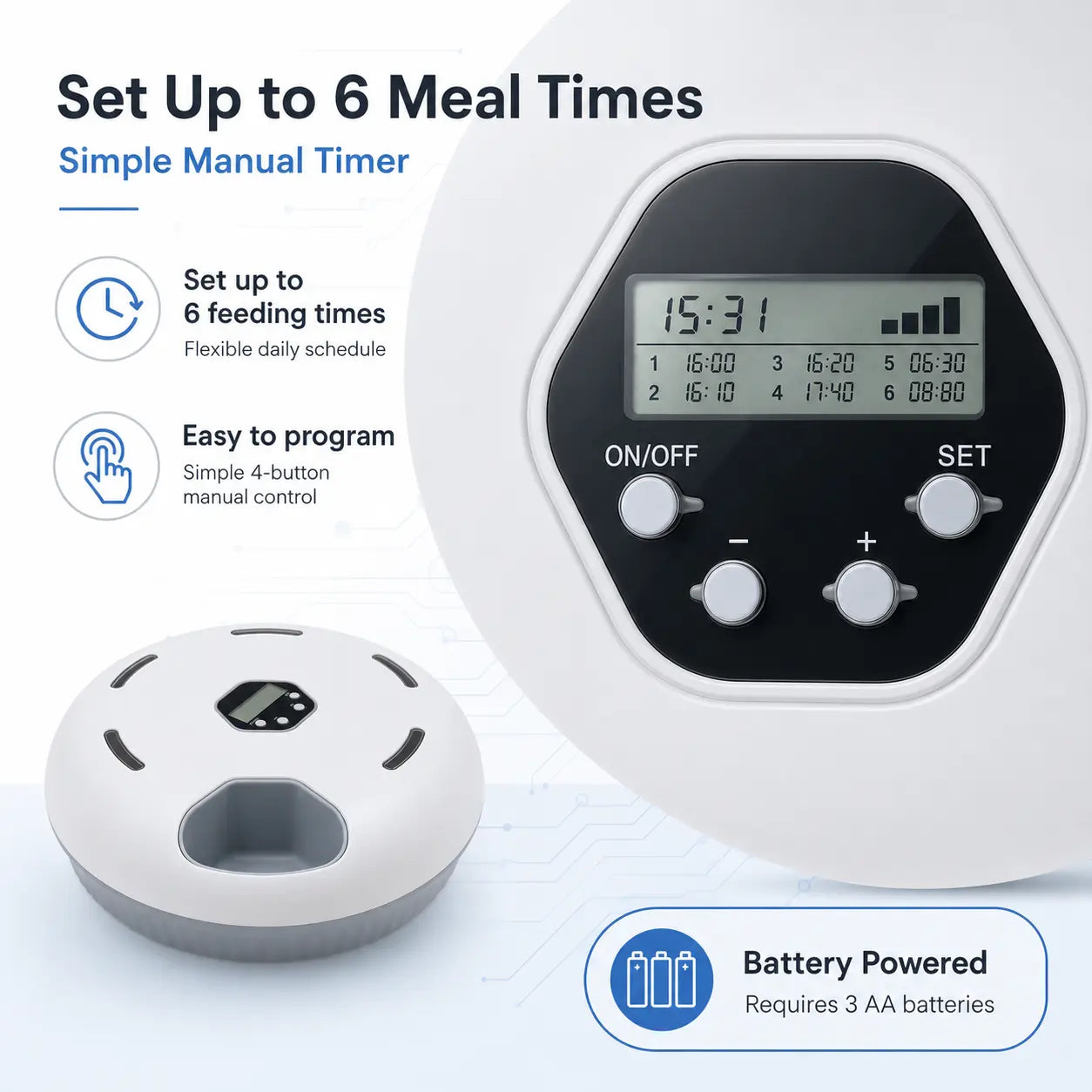Timed Automatic Cat Feeder with 6 Meals - Detachable Indoor Rotating Dispenser for Wet & Dry Food, Includes Ice Packs, Battery Operated for Kittens and Small Dogs, White