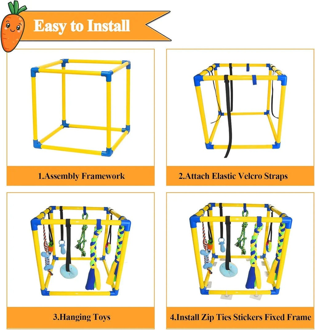 Interactive Dog Play Gym Enrichment Toy Set with Rope Tug, Chew, and Squeaky Toys - Indoor Activity Center for Reducing Anxiety and Boredom Relief, Durable PVC Frame Suitable for Dogs of All Sizes