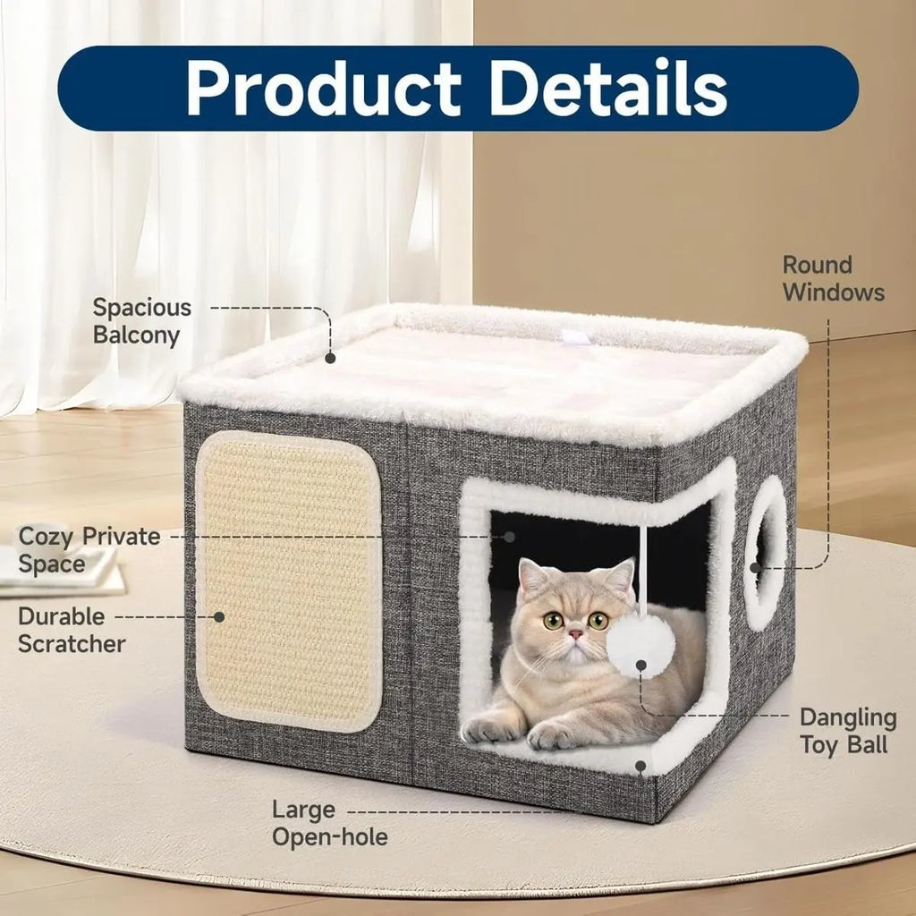 Large Plush Cat Cave Bed - Foldable Indoor Hideaway with Scratch Pad, Ball Toys, and Washable Design