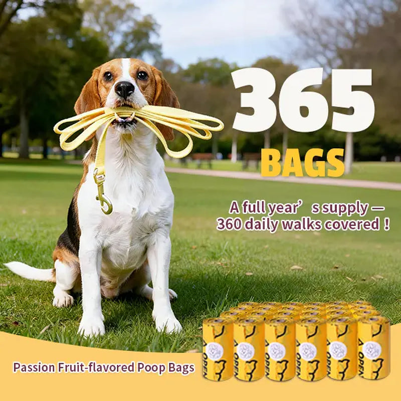 Passion Fruit Scented Pet Waste Bags - Leak-Proof, Extra Thick & Large, 365 Count Pack, Yellow Velcro Pet Accessories, Puppy Essentials for Walking & Cat Litter
