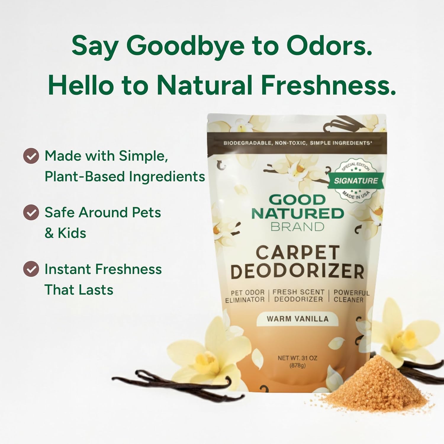 | Carpet Freshener & Deodorizer Powder | 31 Oz Pet Odor Eliminator for Strong Odor & Pet Urine | Fresh Natural Warm Vanilla Scent | Safe for Homes with Pets