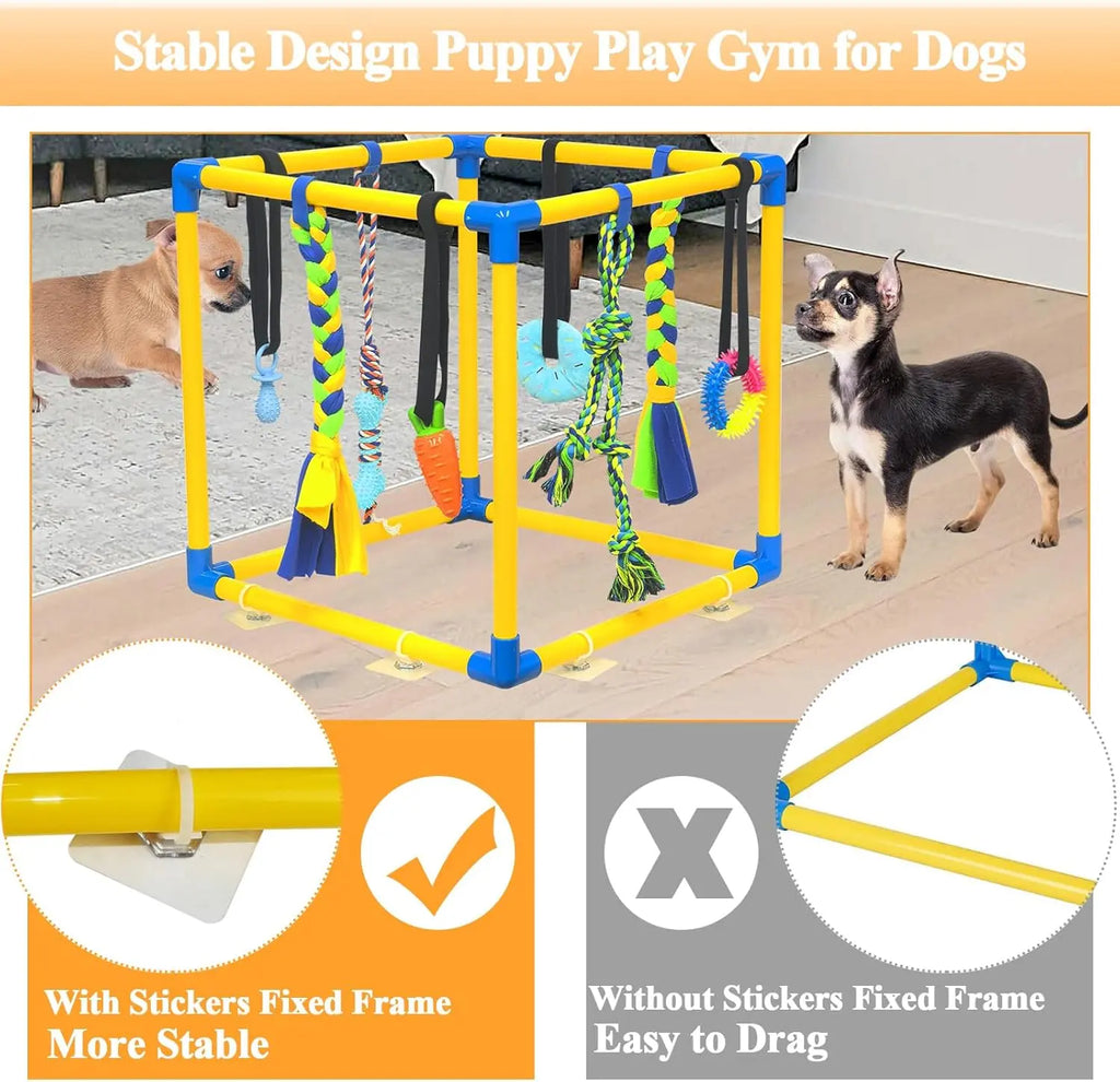 Interactive Dog Play Gym Enrichment Toy Set with Rope Tug, Chew, and Squeaky Toys - Indoor Activity Center for Reducing Anxiety and Boredom Relief, Durable PVC Frame Suitable for Dogs of All Sizes