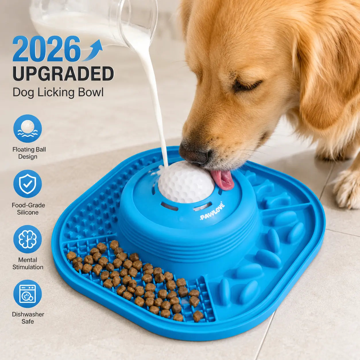 Pawlove Upgraded Slow Feeder Dog Bowl for Liquid Treats with Floating Rolling Ball, Anti-Slip Design for Bone Broth and Yogurt, Ideal for Dogs of All Breeds, Dietary Supplement and Post-Operative Nutrition