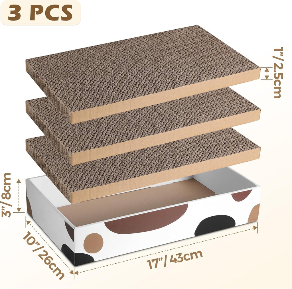 Indoor Cat Scratching Pad - 17" x 10" Refillable Box with 3 Reversible, Durable Corrugated Scratch Boards for Furniture and Wall Protection