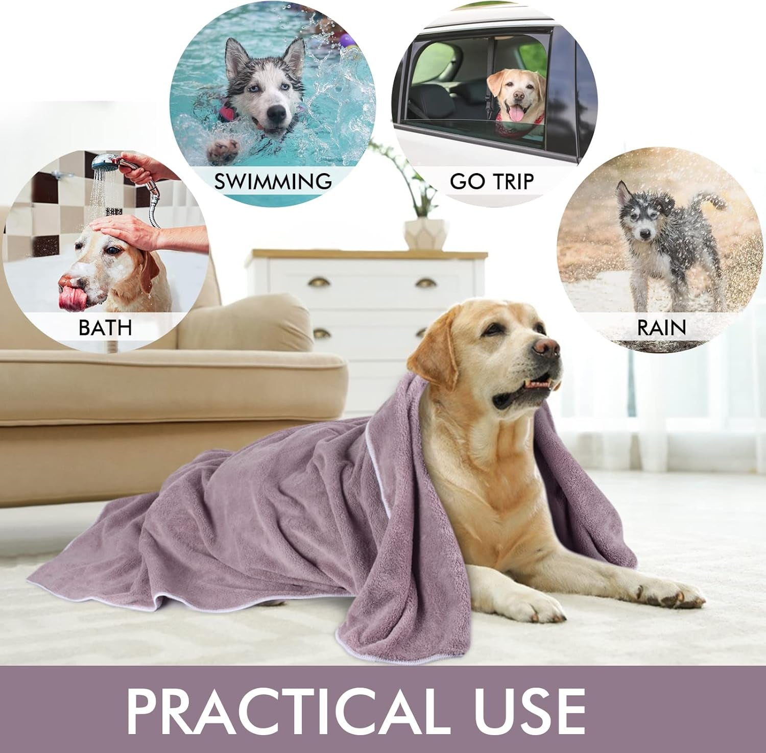Microfiber Pet Bath Towel - Absorbent, Quick-Drying, Large 30x50 Inch with Paw Print Design, Machine Washable, Purple for Dogs and Cats