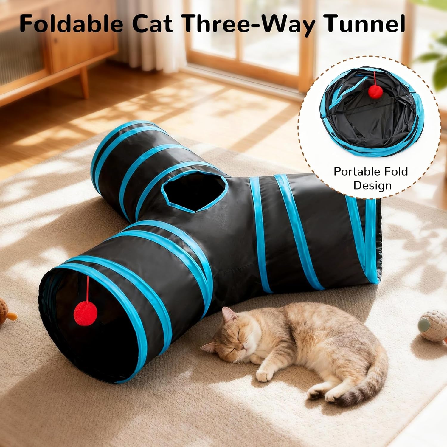 Collapsible 3-Way Cat Tunnel Toy with Interactive Features, Peek Holes, Teaser Wand, and Hanging Ball in Black and Blue