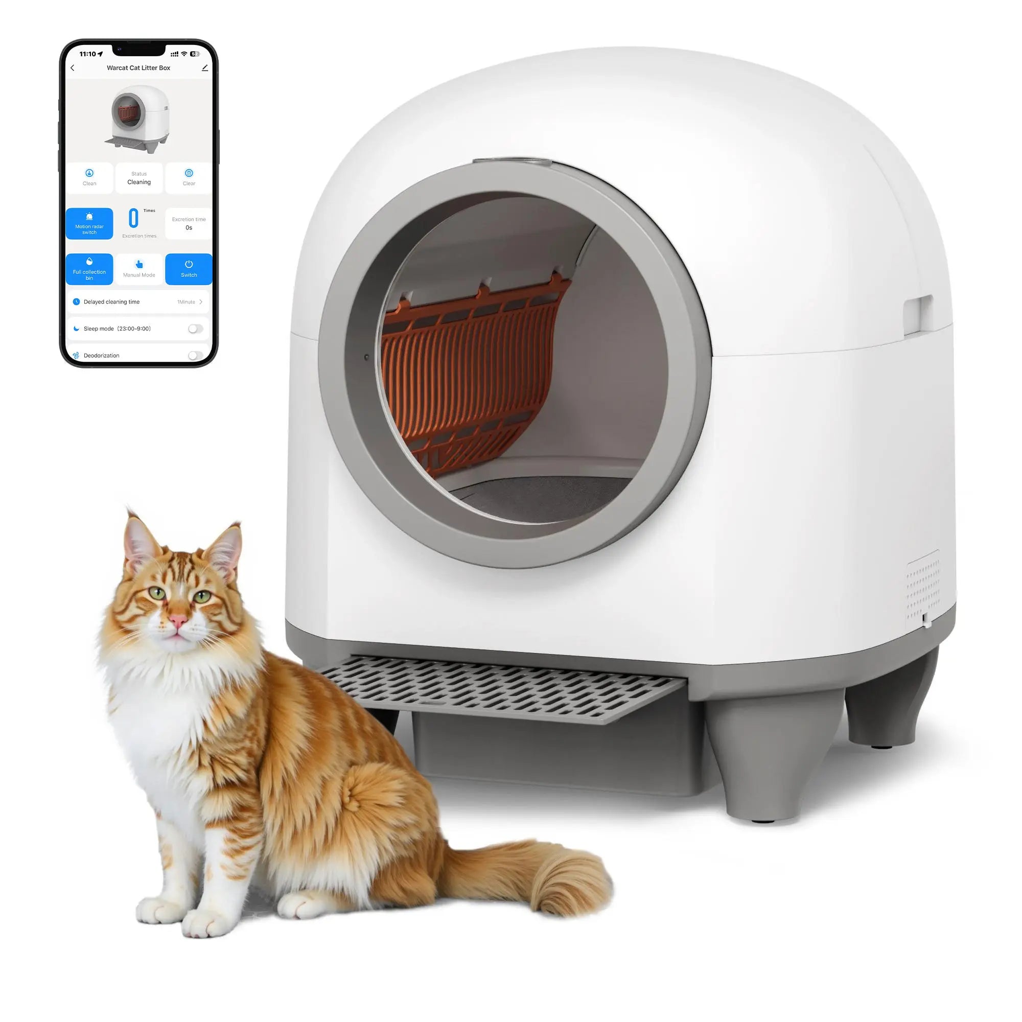 Warcat Smart Low-Noise Self-Cleaning Cat Litter Box with 90L Capacity, App-Controlled via 2.4G Wi-Fi, Featuring Smart Sensors and Safety Protection for Easy Maintenance and Setup