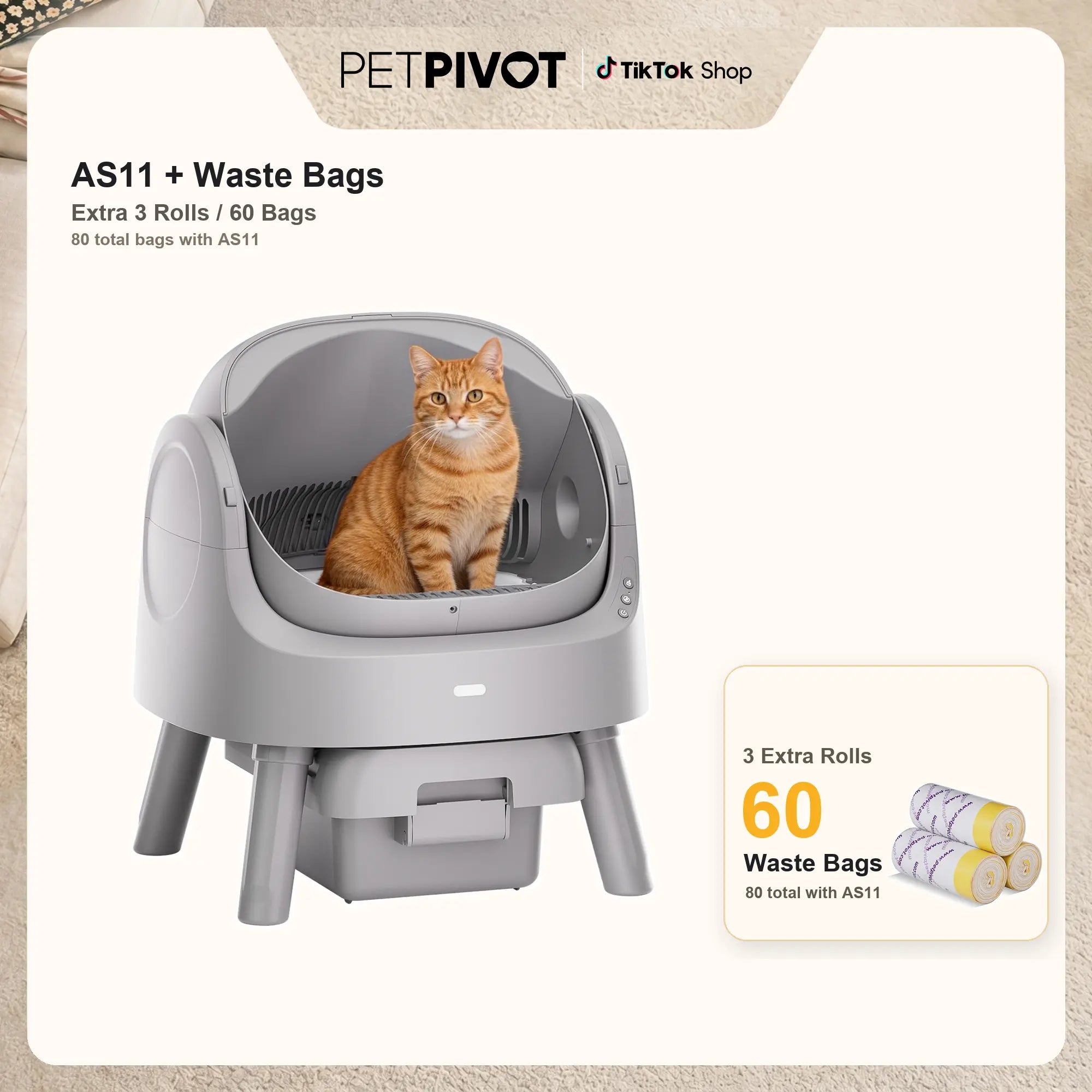Petpivot Automatic Self-Cleaning Cat Litter Box with Open-Top Design - Hands-Free Operation, 6.5L/1.72Gal and 7L/1.85Gal Capacity, Includes 60 Bonus Waste Bags (80 Total)
