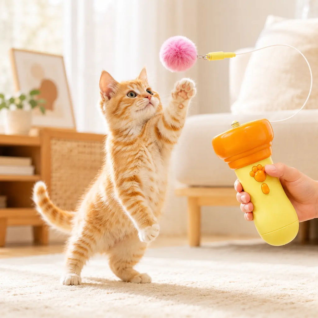 Electric Interactive Cat Teaser Wand with Fluffy Pom Balls for Indoor Cats and Kittens